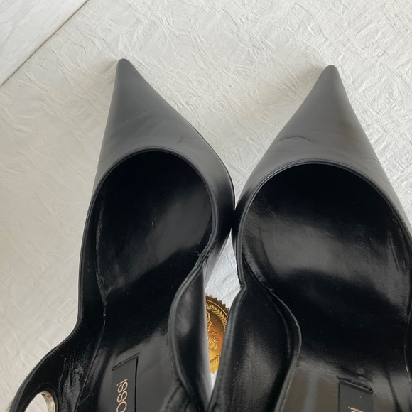 Sergio Rossi Dressy Slingbacks Pumps Heels Pointed Toe Black Leather w Silver 38 - Picture 6 of 16